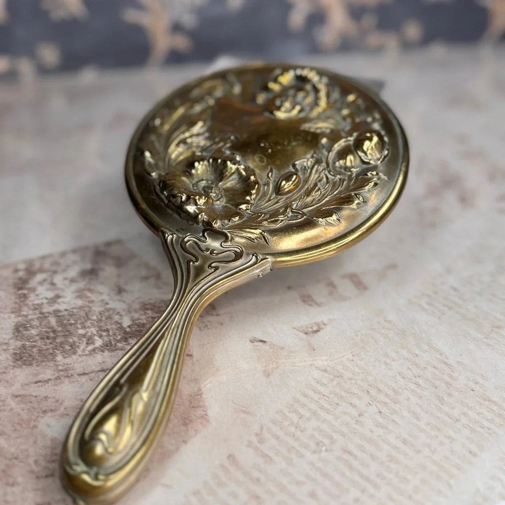 Antique Art Nouveau Repousse Vanity Hand Mirror Maiden Floral